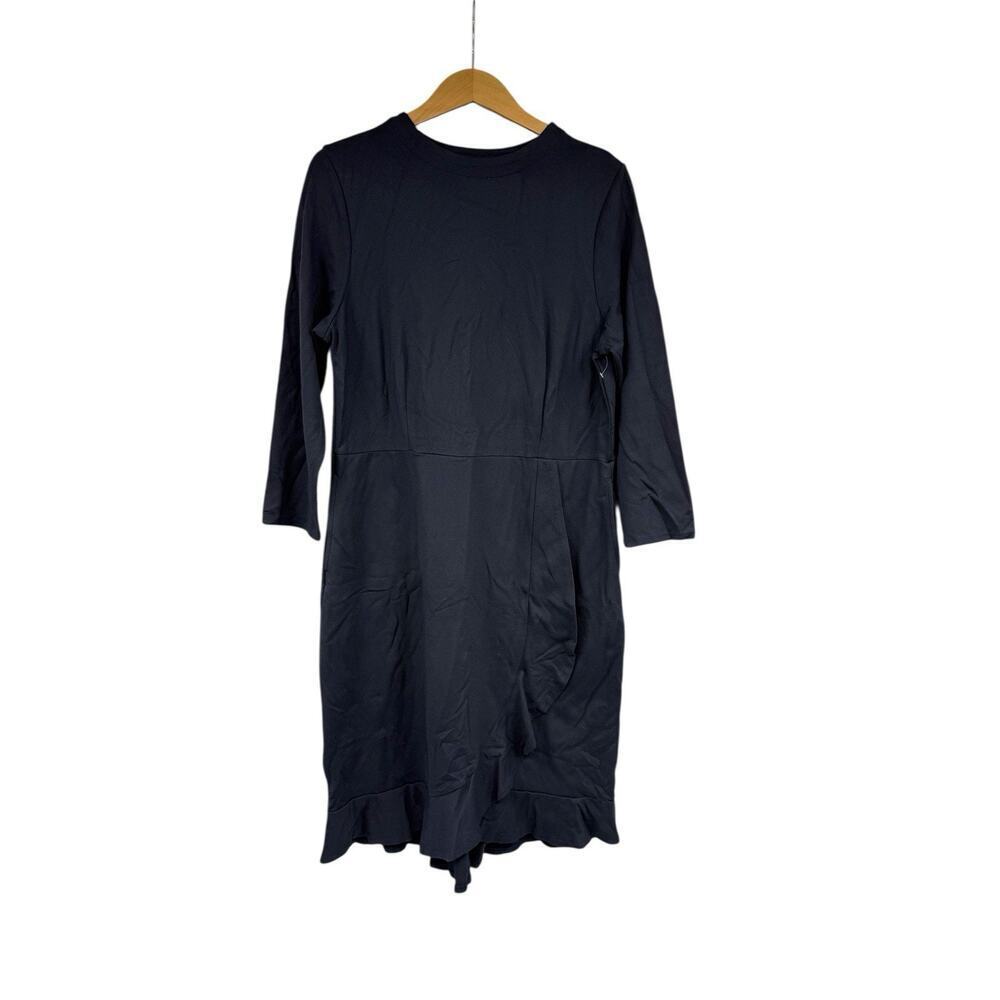 J Jill Ponte Knit Long Sleeve Stretch Ruffle Dress Navy Blue Modest Medium Tall